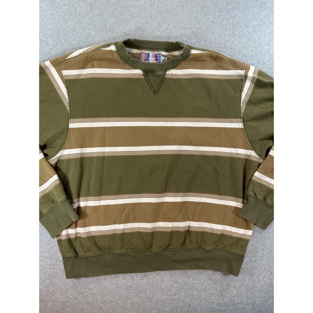 Urban Outfitters Mens XL Striped Crewneck Olive Green Tan Fleece XL #873